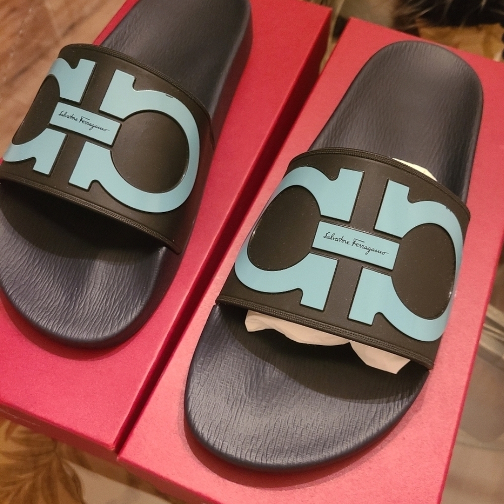 Salvatore Ferragamo Black and Blue Logo Slides